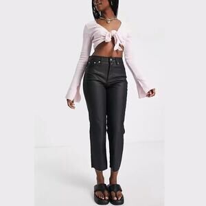 Topshop Women Black Coated Raw Hem Cropped Straight Jeans Size W26 L30